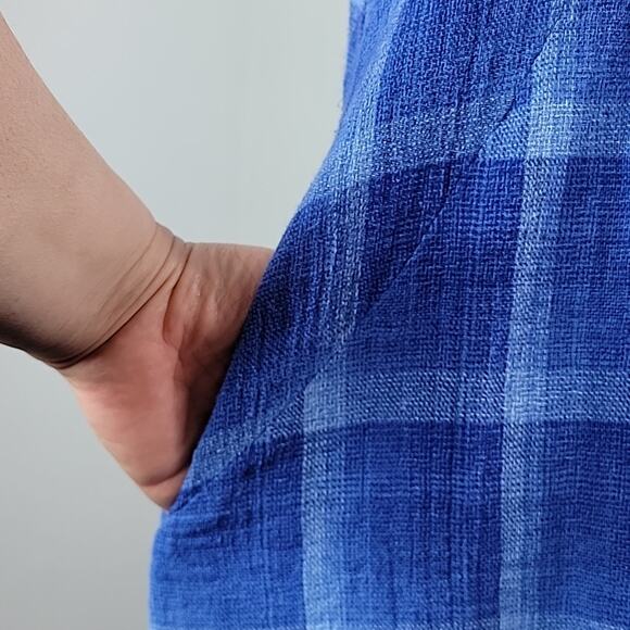 Anthropologie Isabella Sinclair Blue Plaid Linen Blend Sleeveless Shirt Dress M - Picture 6 of 14